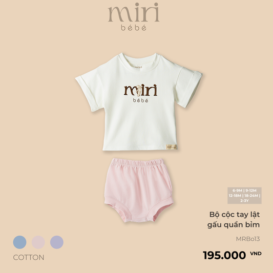 Bộ áo cộc tay lật gấu quần bỉm cho bé MIRI cotton cao cấp mềm mại thiết kế tối giản