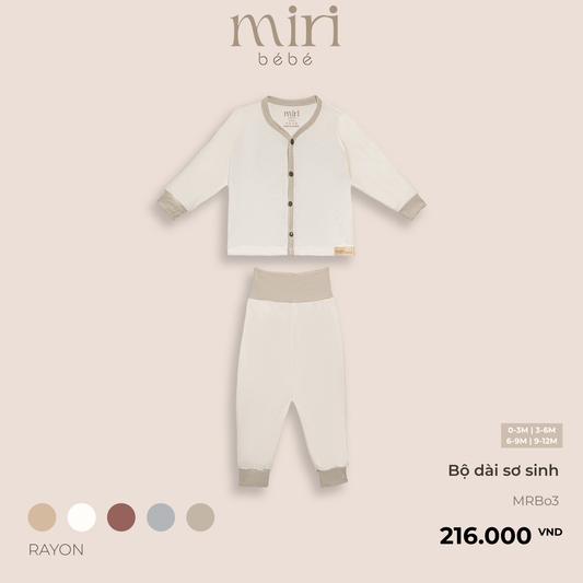Bộ quần áo dài tay sơ sinh cúc dọc cài thẳng MIRI vải mè thoáng mát thiết kế tối giản cho bé