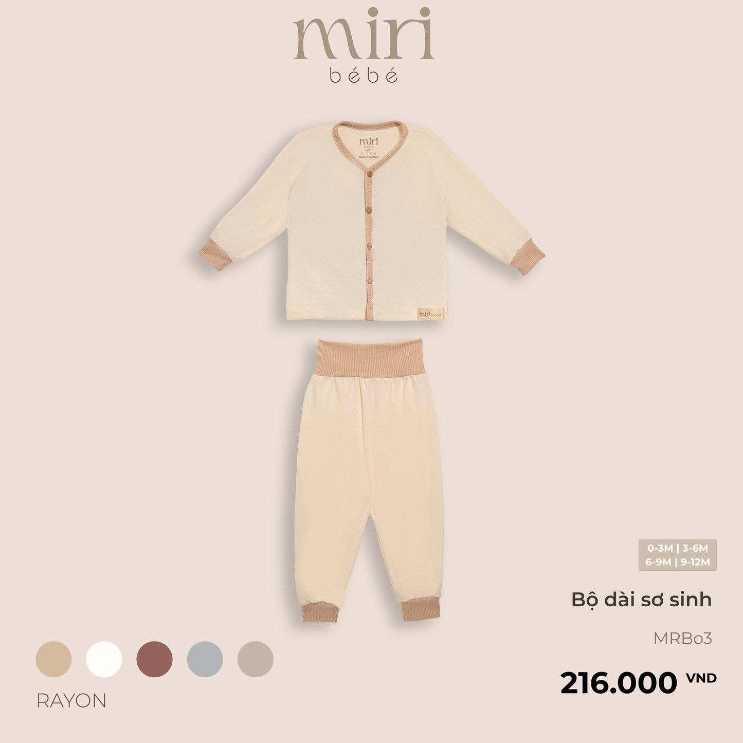 Bộ quần áo dài tay sơ sinh cúc dọc cài thẳng MIRI vải mè thoáng mát thiết kế tối giản cho bé
