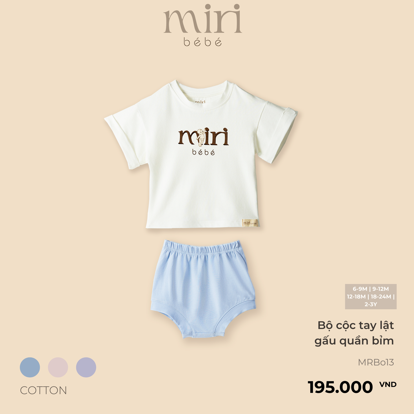Bộ áo cộc tay lật gấu quần bỉm cho bé MIRI cotton cao cấp mềm mại thiết kế tối giản