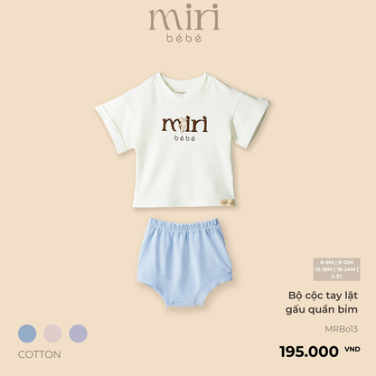 Bộ áo cộc tay lật gấu quần bỉm cho bé MIRI cotton cao cấp mềm mại thiết kế tối giản