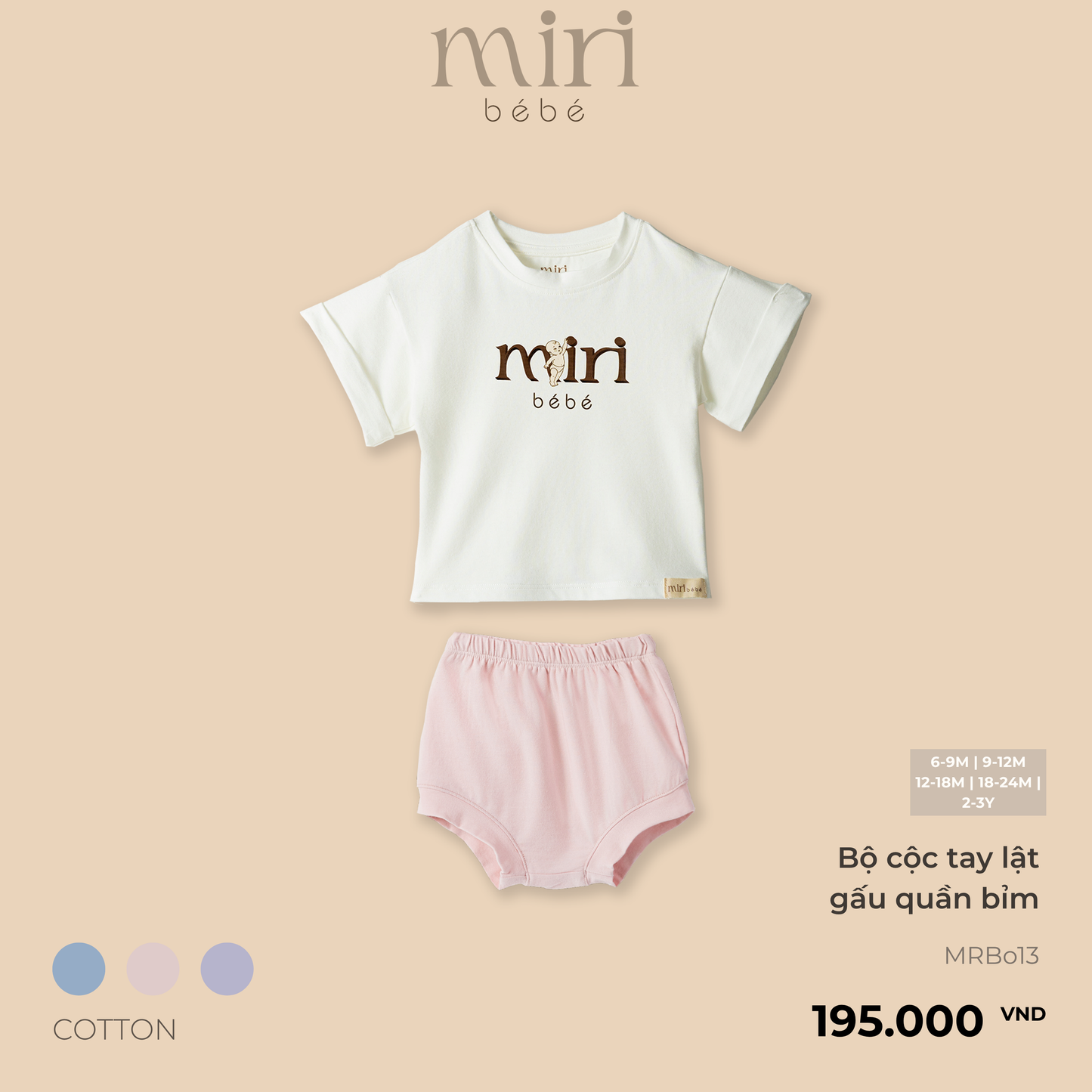 Bộ áo cộc tay lật gấu quần bỉm cho bé MIRI cotton cao cấp mềm mại thiết kế tối giản