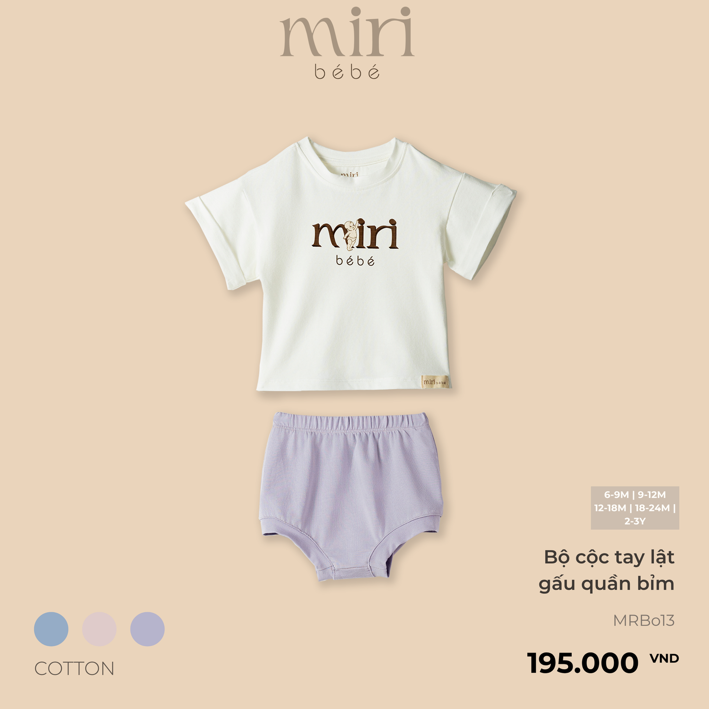 Bộ áo cộc tay lật gấu quần bỉm cho bé MIRI cotton cao cấp mềm mại thiết kế tối giản