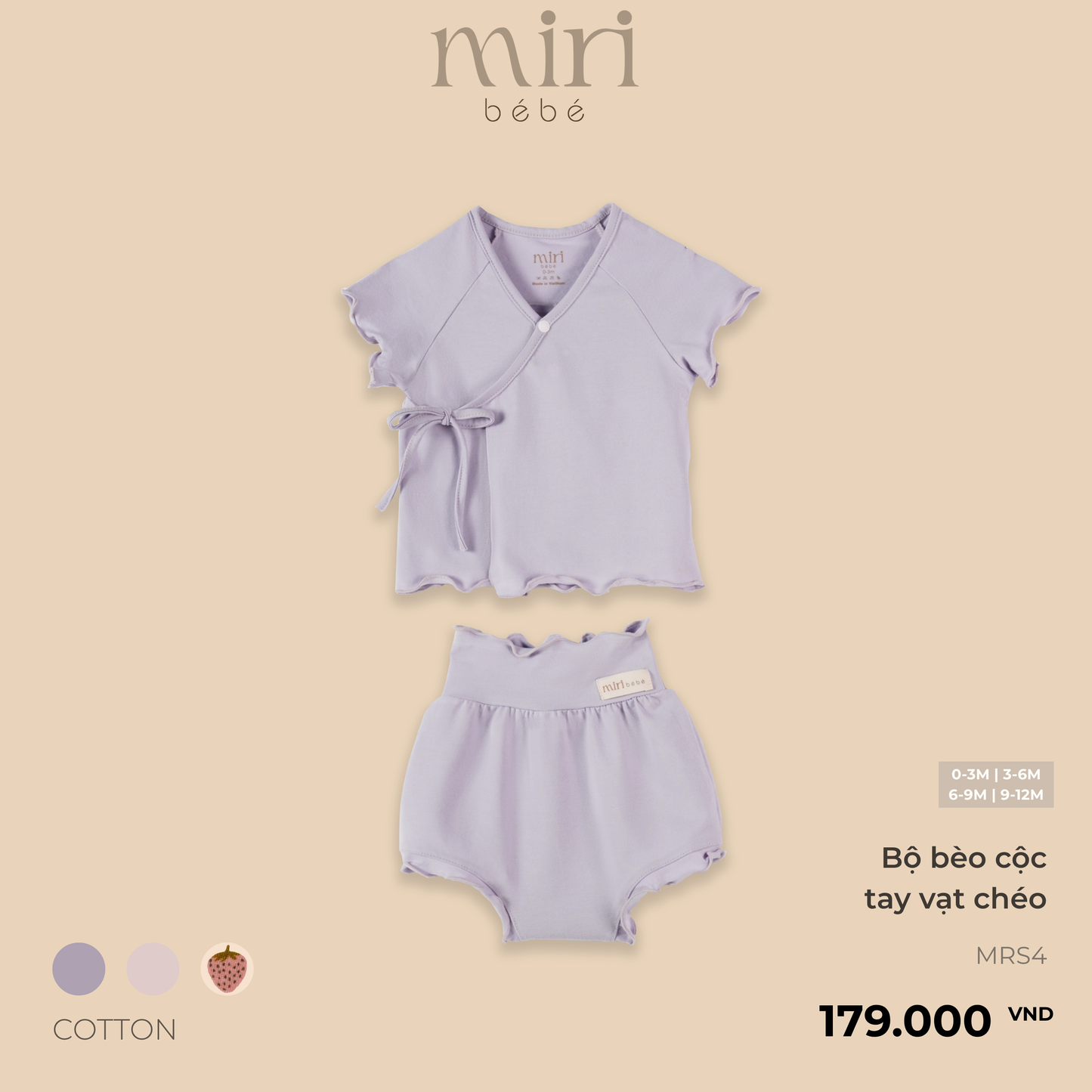 Bộ cộc tay sơ sinh cho bé gái MIRI bèo tay ngắn vạt chéo chất cotton cao cấp mềm mại thiết kế tối giản