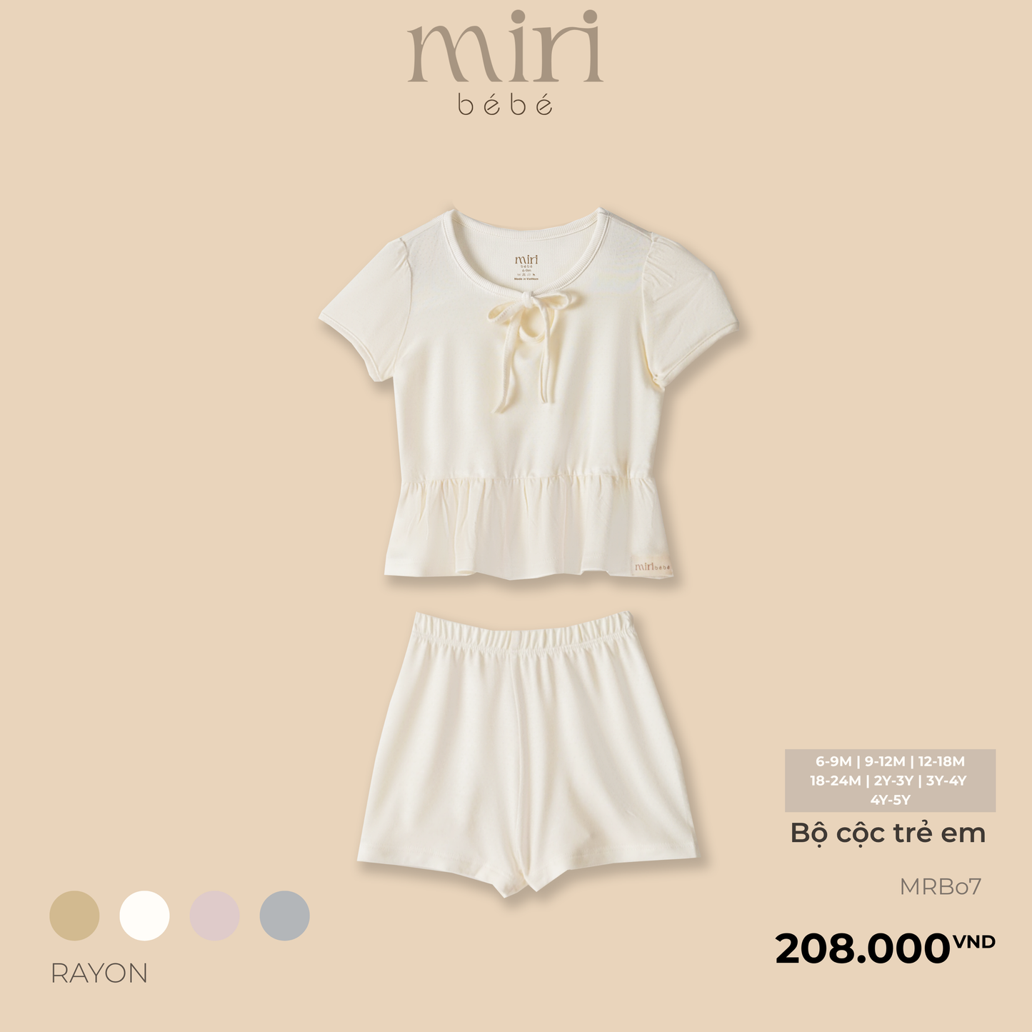 Bộ cộc tay bé gái MIRI cổ thắt nơ tay ren nhún bèo chất mè cao cấp phong cách tối giản