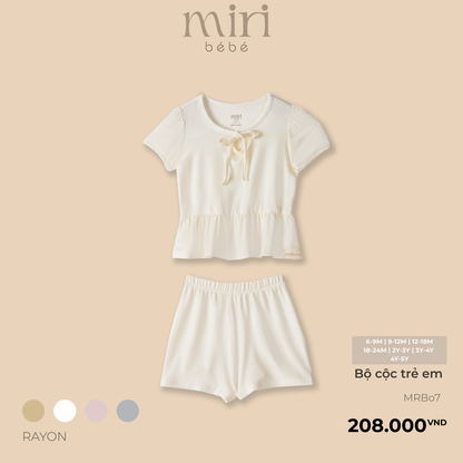 Bộ cộc tay bé gái MIRI cổ thắt nơ tay ren nhún bèo chất mè cao cấp phong cách tối giản