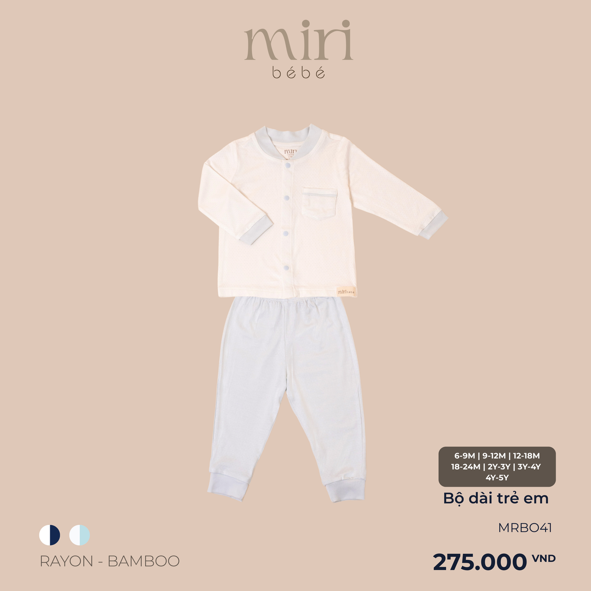 Bộ dài MIRI cho bé trai cài giữa phối cổ bo tay chất liệu rayon bamboo mềm nhẹ thoáng khí thấm hút tốt