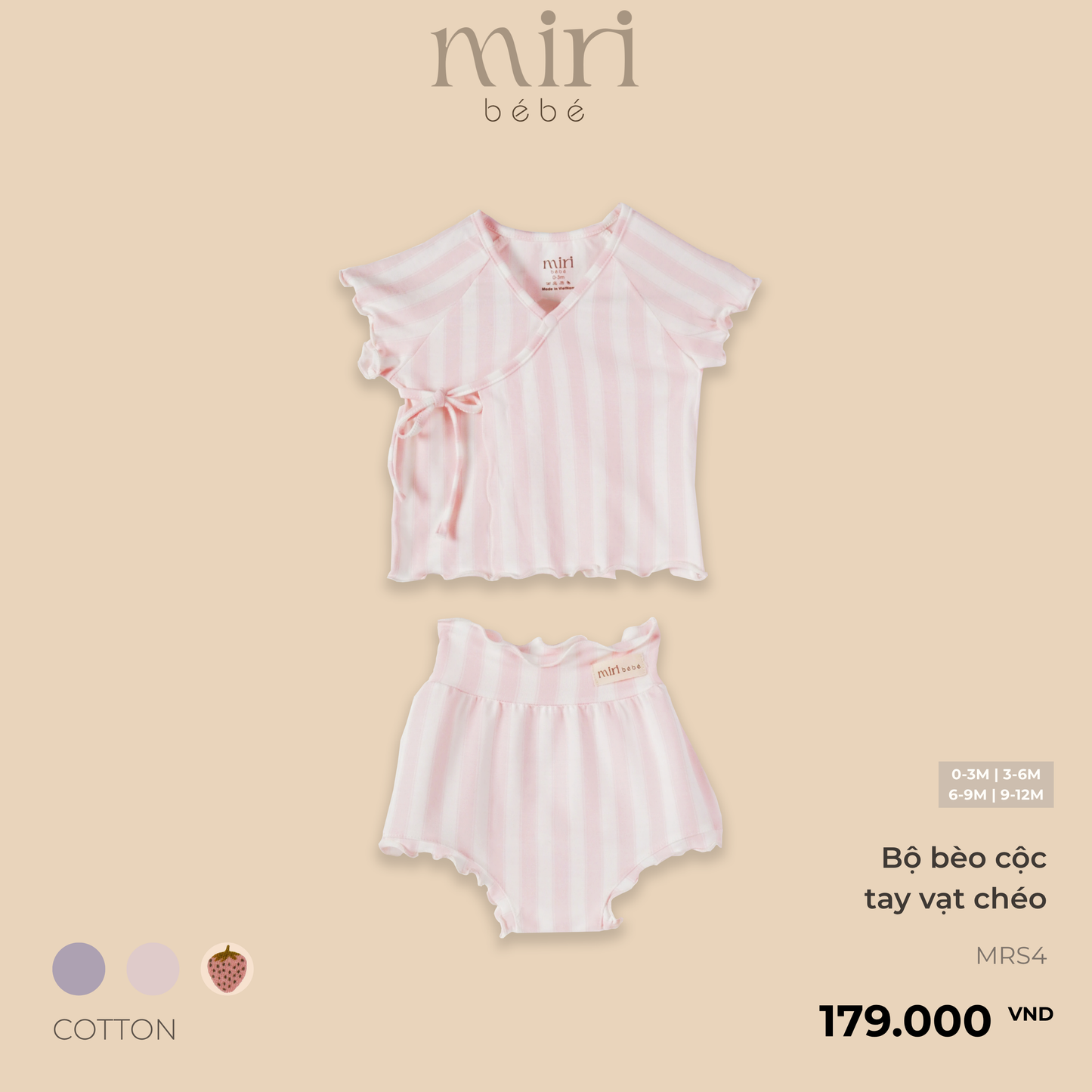 Bộ cộc tay sơ sinh cho bé gái MIRI bèo tay ngắn vạt chéo chất cotton cao cấp mềm mại thiết kế tối giản