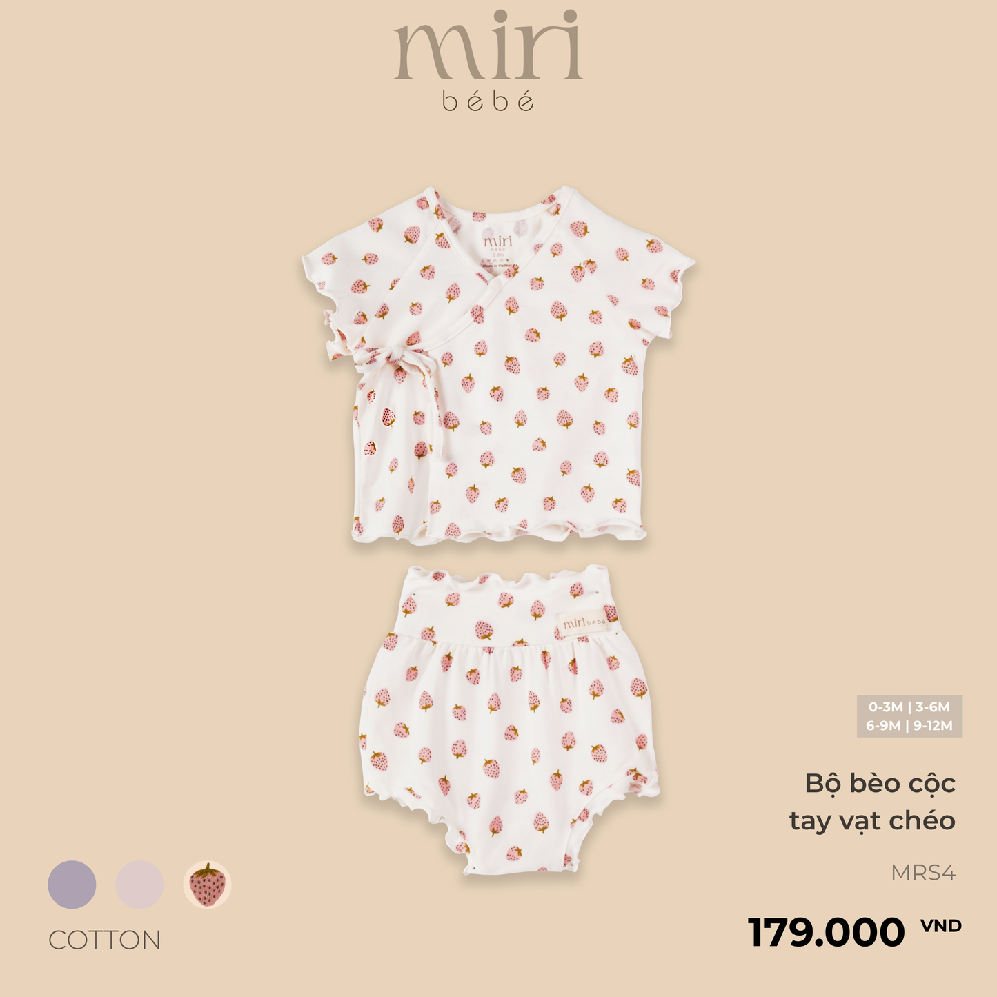Bộ cộc tay sơ sinh cho bé gái MIRI bèo tay ngắn vạt chéo chất cotton cao cấp mềm mại thiết kế tối giản