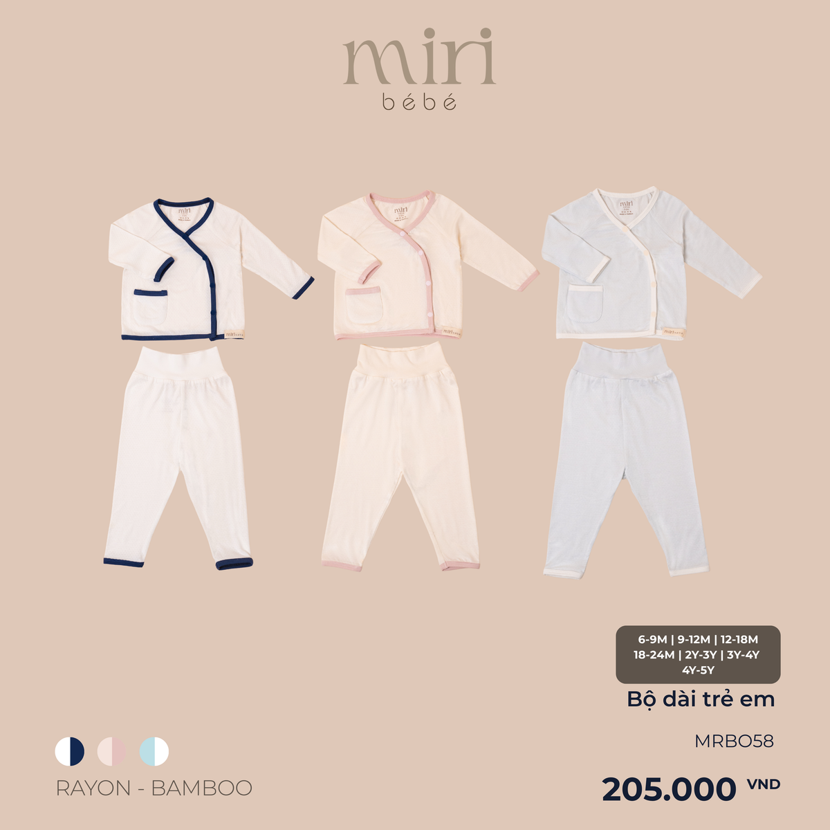 Bộ dài MIRI cho bé cài lệch viền phối màu chất liệu rayon bamboo mềm mịn co giãn thoải mái