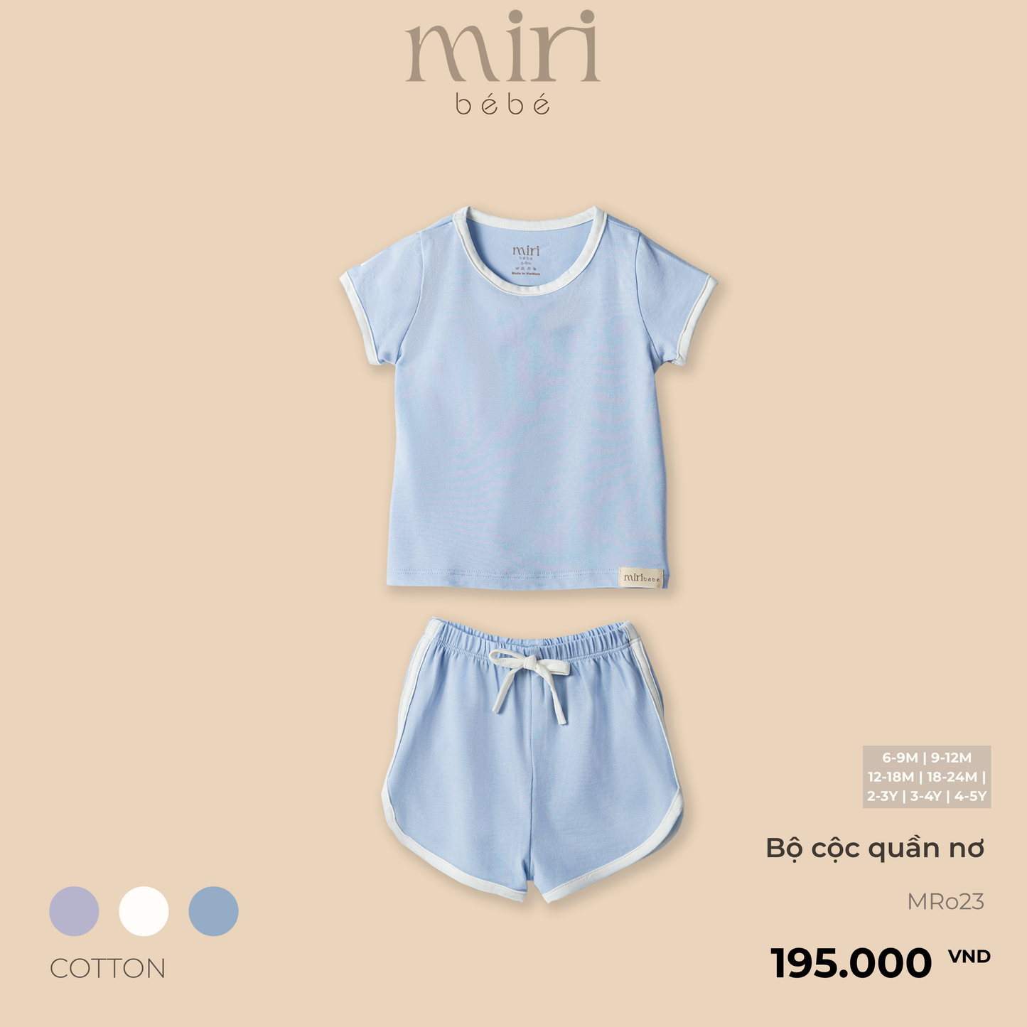 Bộ quần áo bé trai MIRI áo cộc tay quần nơ viền màu chất cotton cao cấp tối giản