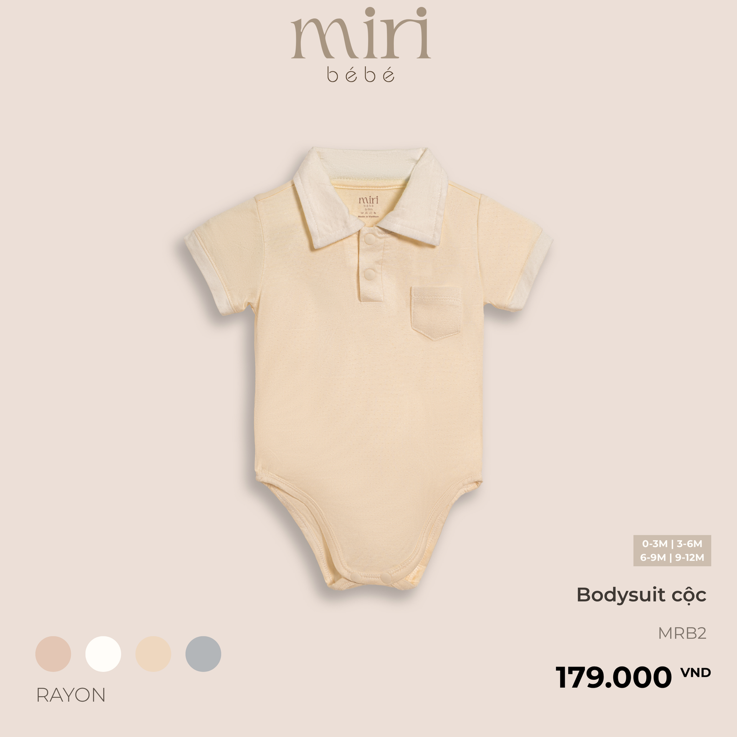 Bodysuit cộc tay sơ sinh MIRI chất liệu mè thoáng khí phối màu phong cách tối giản cho bé