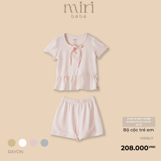 Bộ cộc tay bé gái MIRI cổ thắt nơ tay ren nhún bèo chất mè cao cấp phong cách tối giản