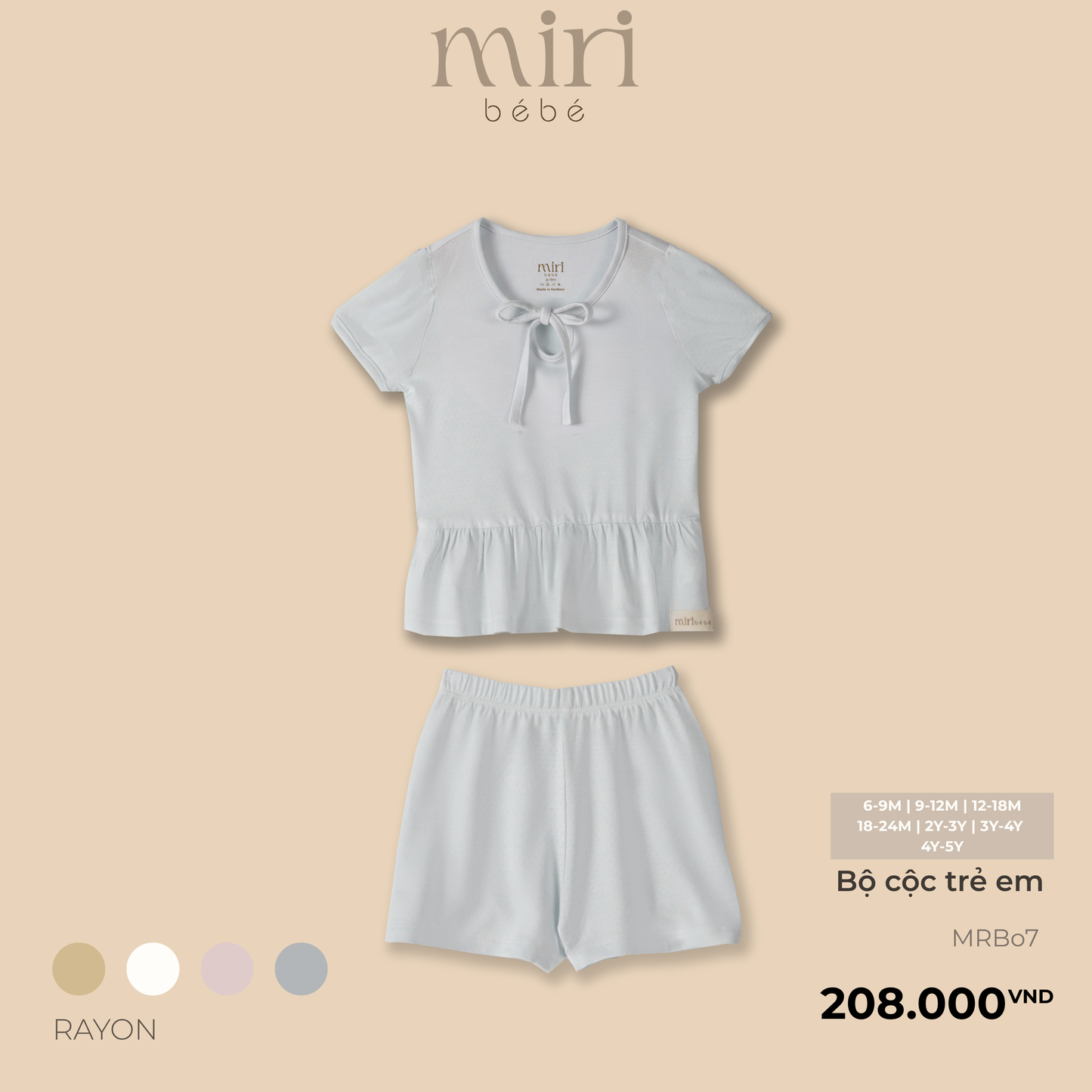 Bộ cộc tay bé gái MIRI cổ thắt nơ tay ren nhún bèo chất mè cao cấp phong cách tối giản