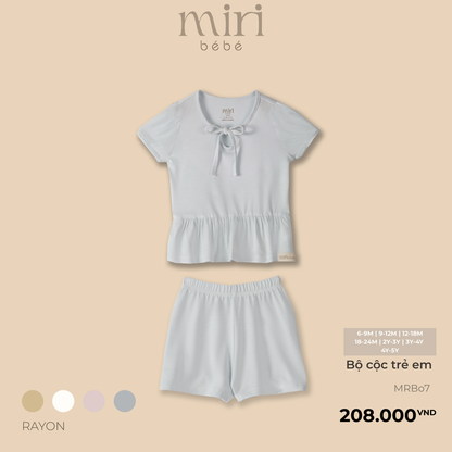 Bộ cộc tay bé gái MIRI cổ thắt nơ tay ren nhún bèo chất mè cao cấp phong cách tối giản