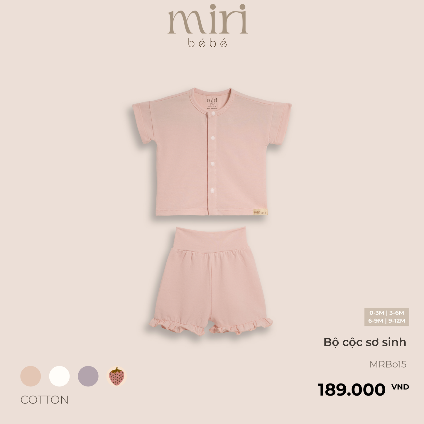 Bộ quần áo cộc sơ sinh cho bé gái MIRI phối quần bèo vải cotton cao cấp thoải mái thiết kế tối giản