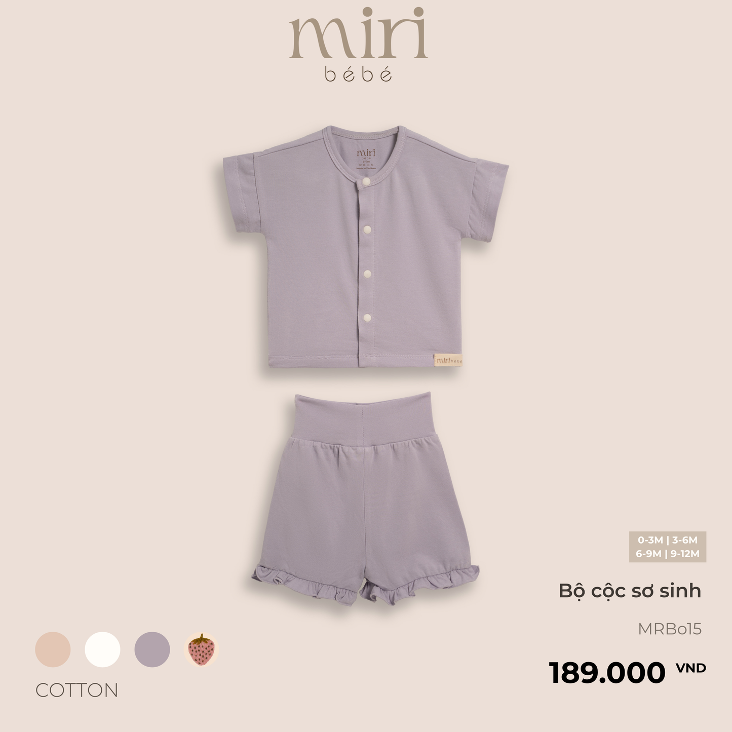 Bộ quần áo cộc sơ sinh cho bé gái MIRI phối quần bèo vải cotton cao cấp thoải mái thiết kế tối giản