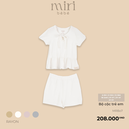 Bộ cộc tay bé gái MIRI cổ thắt nơ tay ren nhún bèo chất mè cao cấp phong cách tối giản