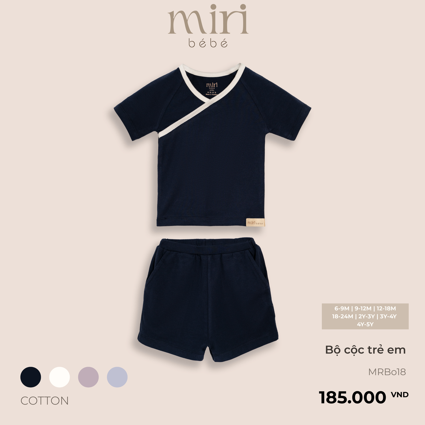 Bộ quần áo cộc trẻ em viền chéo cổ chữ Y MIRI vải cotton cao cấp thoáng mát thiết kế tối giản