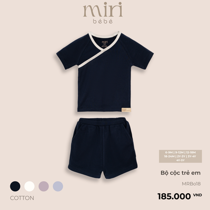 Bộ quần áo cộc trẻ em viền chéo cổ chữ Y MIRI vải cotton cao cấp thoáng mát thiết kế tối giản