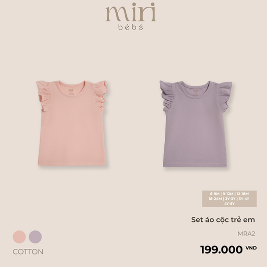 Set 2 áo cộc trẻ em cho bé gái MIRI phối bèo tay hến chất liệu cotton cao cấp thoáng mát phong cách tối giản