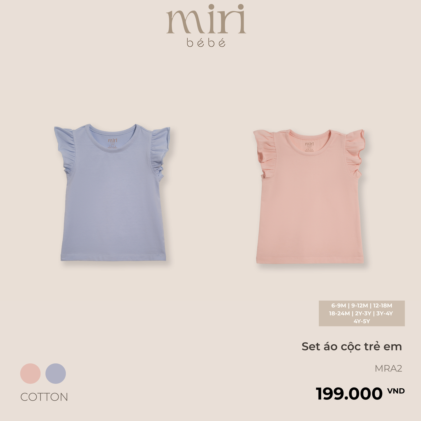 Set 2 áo cộc trẻ em cho bé gái MIRI phối bèo tay hến chất liệu cotton cao cấp thoáng mát phong cách tối giản
