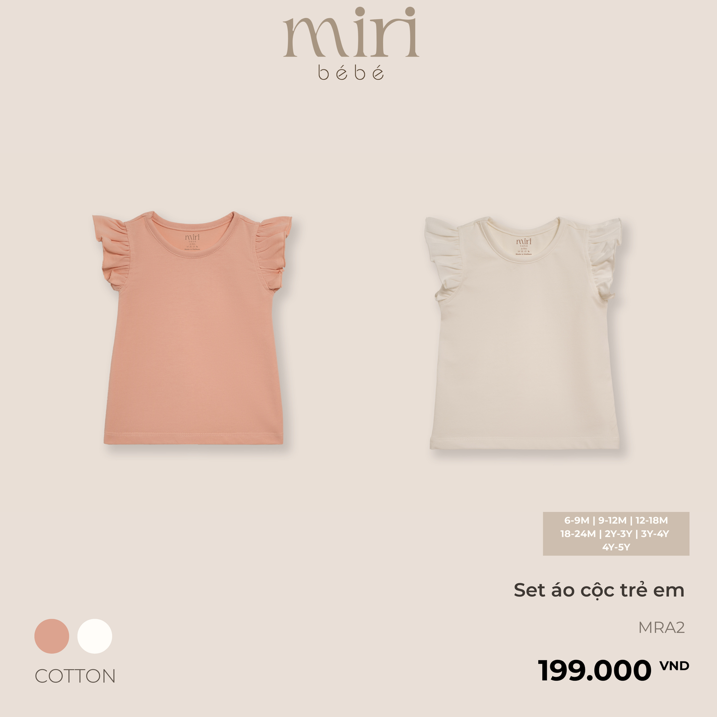 Set 2 áo cộc trẻ em cho bé gái MIRI phối bèo tay hến chất liệu cotton cao cấp thoáng mát phong cách tối giản