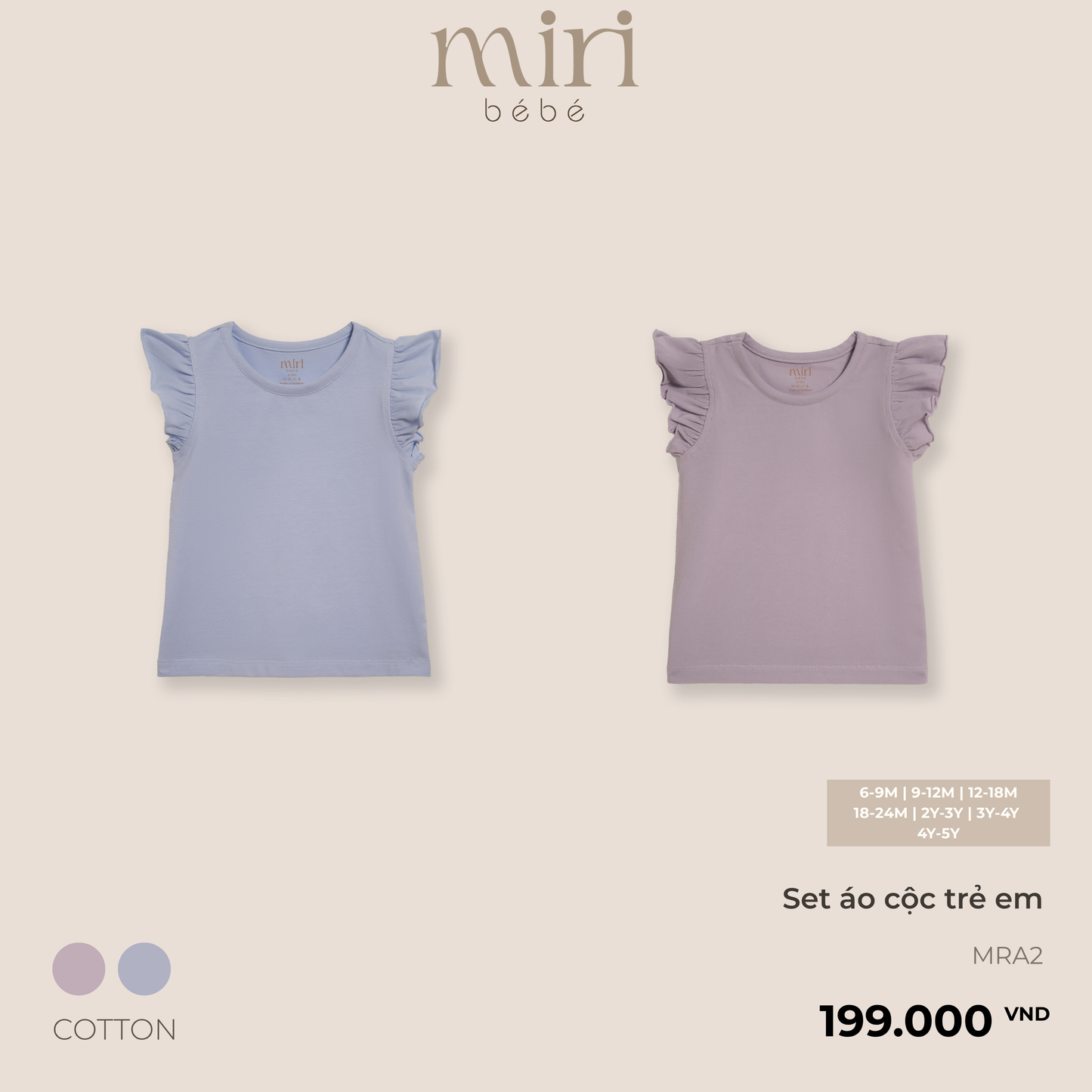 Set 2 áo cộc trẻ em cho bé gái MIRI phối bèo tay hến chất liệu cotton cao cấp thoáng mát phong cách tối giản