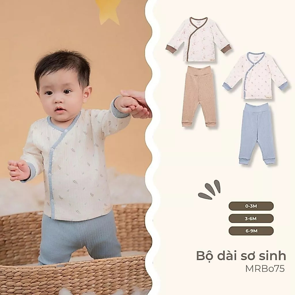 Bộ dài sơ sinh cài chéo phối viền màu dễ thương cho bé chất liệu polyester kết hợp rayon