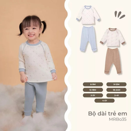 Bộ đồ dài trẻ em bo tay phối màu chất liệu polyester kết hợp rayon họa tiết dễ thương